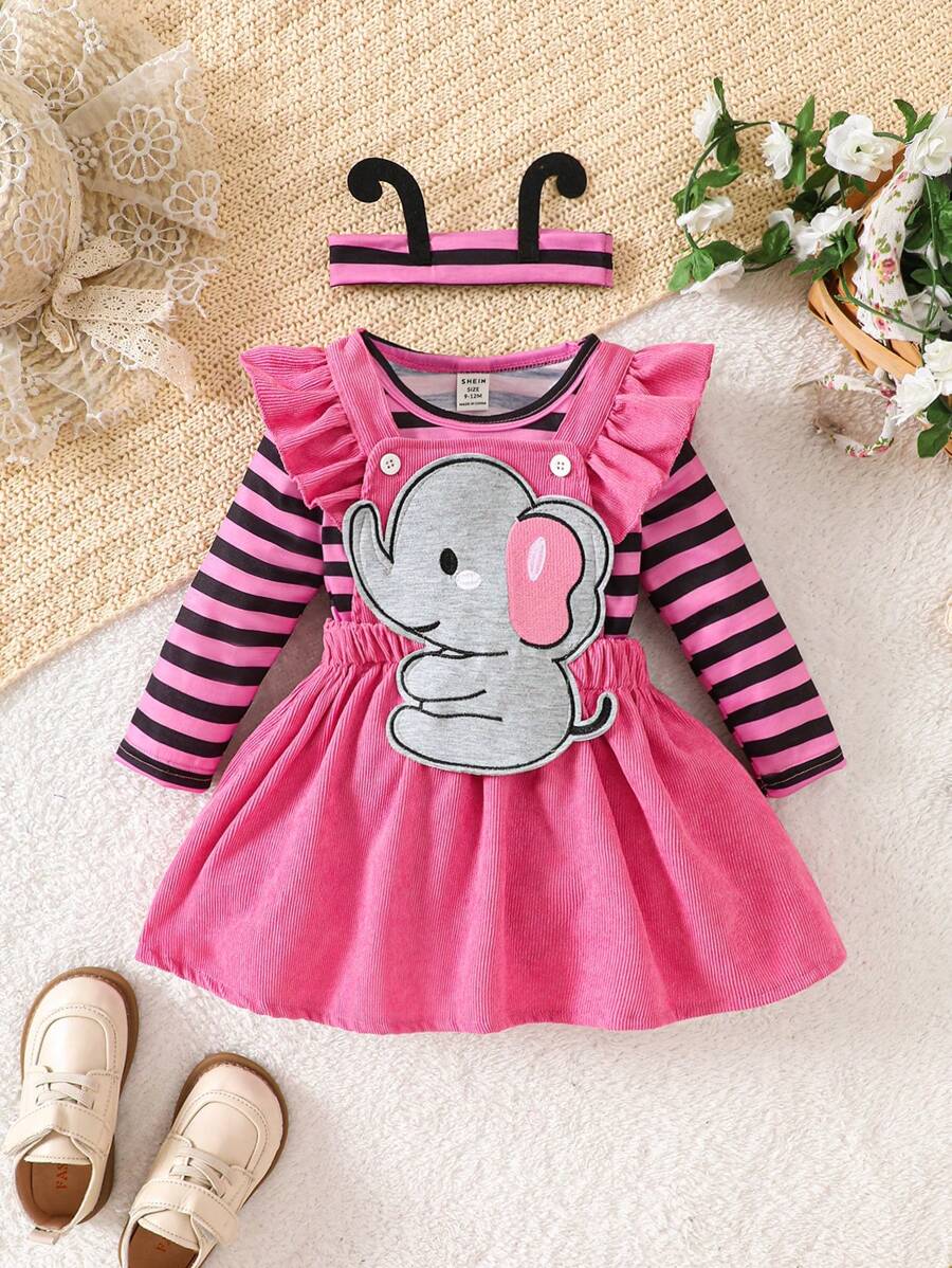 SHEIN Baby Girl Spring&Autumn Cute Style ,Interlocking Bobysuit &Bee Pattern Dress Give Headband - Hot Pink - View 1