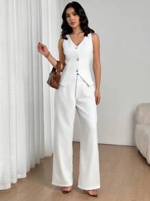 Firerie Women's Elegant Minimalist Daily/Office Outfit White Pearl Button Camisole Top And Elastic Waist Straight Leg Pants Suit, Summer In Fall/Winter - White - View 4