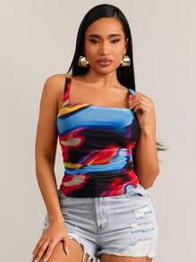 SHEIN SXY Women's Early Spring Casual Vacation Beach Outing Vibrant Tie Dye Print Mesh Loose Tank Top - Multicolor - View 3
