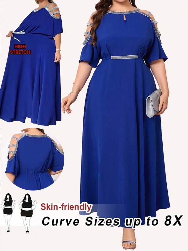 SHEIN CURVE+ Rochie Lungă Elegantă Dimensiune Plus Paiete Patchwork, Sezonul Nunților