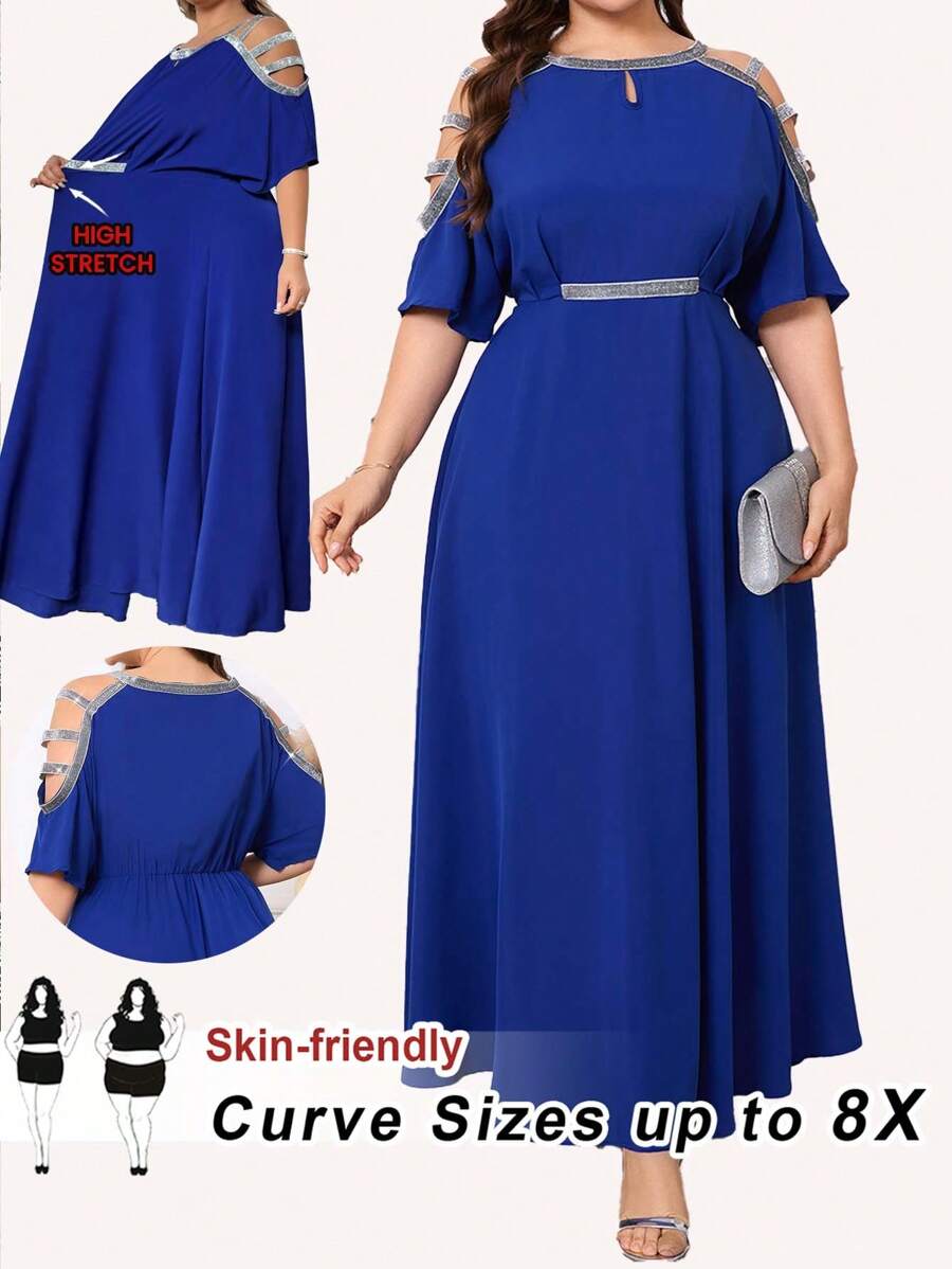 SHEIN CURVE+ Elegant Plus Size Sequin Patchwork Long Dress, Wedding Season