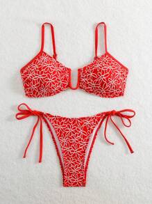 Swim Mod Damen Sommer Strukturierte Blumen Muster Lässig Urlaub Strand 2-teiliges Badeanzug Set - Verschiedenfarbig - Übersicht 6