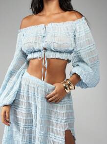 MISSGUIDED Off Shoulder Ruched Crop Top Balloon Sleeve Summer Spring Beach Boho Festival Peasant Blouse Shirred Elastic Ruffle Party Evening
