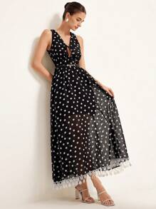 Chiquease Vestido longo de verão romântico francês com bolinhas e amarração na cintura com acabamento em renda para mulheres, estilo elegante e moderno - Preto e Branco - Ver 7