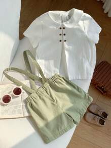 2 件装 Babyboy 可爱百搭领衬衫和吊带短裤套装，适合生日派对、晚会、表演、婚礼、一个月庆祝、洗礼和一周岁生日、婴儿送礼会、婚礼嘉宾、花童、指环童、花童 - 彩色 - 查看 2