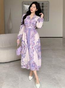 DAZY Vestido elegante midi con mangas abullonadas y abotonado para mujeres con estampado floral