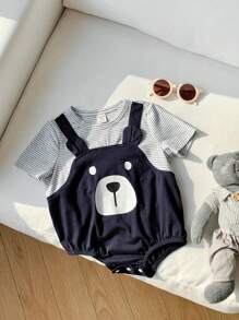 SHEIN Tutina casual sportiva e carina per bambini e bambine, in maglia larga a righe e patchwork, adatta per primavera ed estate, da indossare dentro e fuori casa