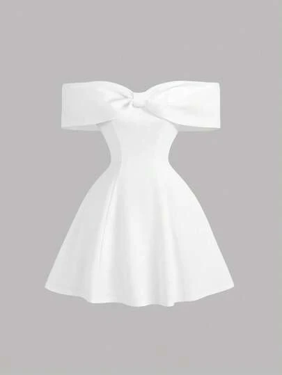 SHEIN MOD Women's Off Shoulder Bow White Party Mini Dress