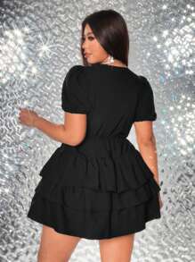 Viva Relle Vestido plus size feminino com decote em V profundo, manga bufante, bainha com babados, cor sólida - Preto - Ver 5