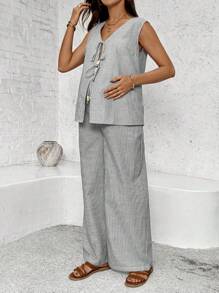 SHEIN 2pcs Maternity Striped Tie Front Sleeveless Shirt And Pants Casual Set - Blue - View 5