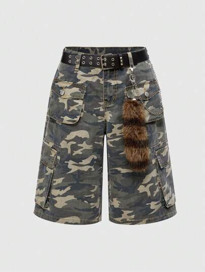 Grunge Punk American Retro Military Camo Stylish Straight Wide Leg Women Denim Capri Pants With Belt + Racoon Charm