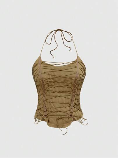 Grunge Punk Summer Outfits For Women Distressed Tie-Up Design Cropped Backless Halter Top