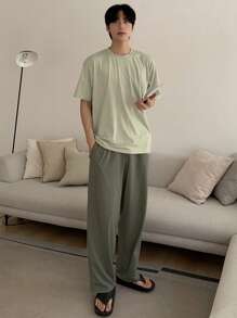 DAZY Summer Solid Green T-Shirt & Matching Men Pajama Set - Multicolor - View 1