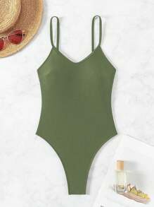 Swim SXY 1pc Women's Solid Color Backless Spaghetti Strap One-Piece Swimsuit For Vacation For Summer - Army Green - View 6