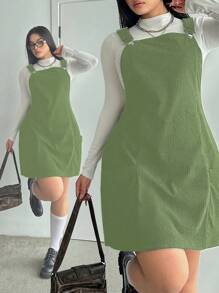 Flirla Plus Size Solid Color Double Pocket A-Line Pinafore Dress - Green - View 1