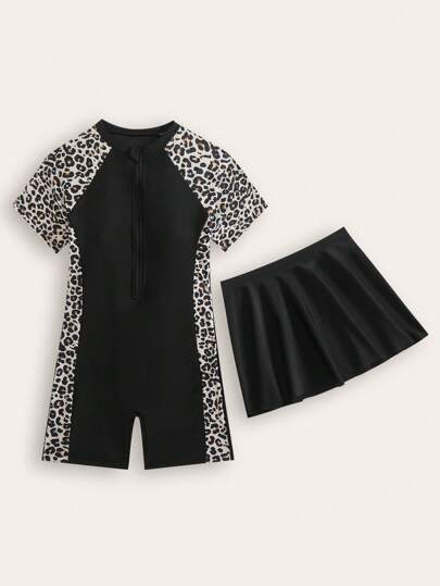 New Stylish Girls Leopard Print Patchwork One-Piece Swimsuit