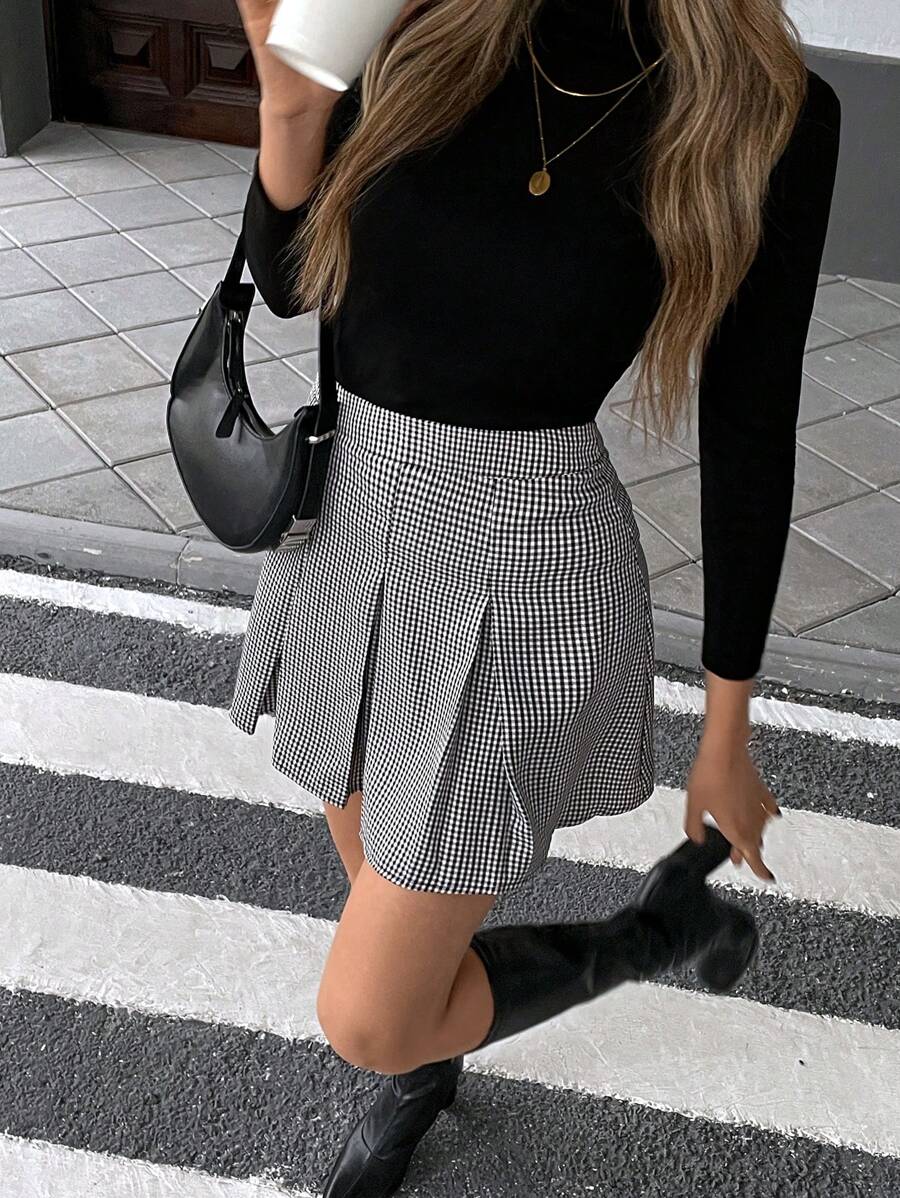 Pariaura 黑白格子褶皱拉链迷你休闲通勤简约学院风女式裙子，春夏 - 彩色 - 查看 1