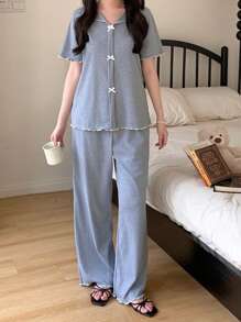 SHEIN Dozemod Teen Girl Teen Girl Simple Ribbon Bow Decor V-Neck Ruffle Sleeve Soft & Cozy Knit Ribbed Loungewear 2 Pieces Set - Grey - View 3