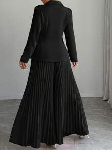 Elenzga Plus Size Solid Color Long Sleeve Striped Pleated Pants Suit Set Graduation,Back To School,Teacher Outfits For Women