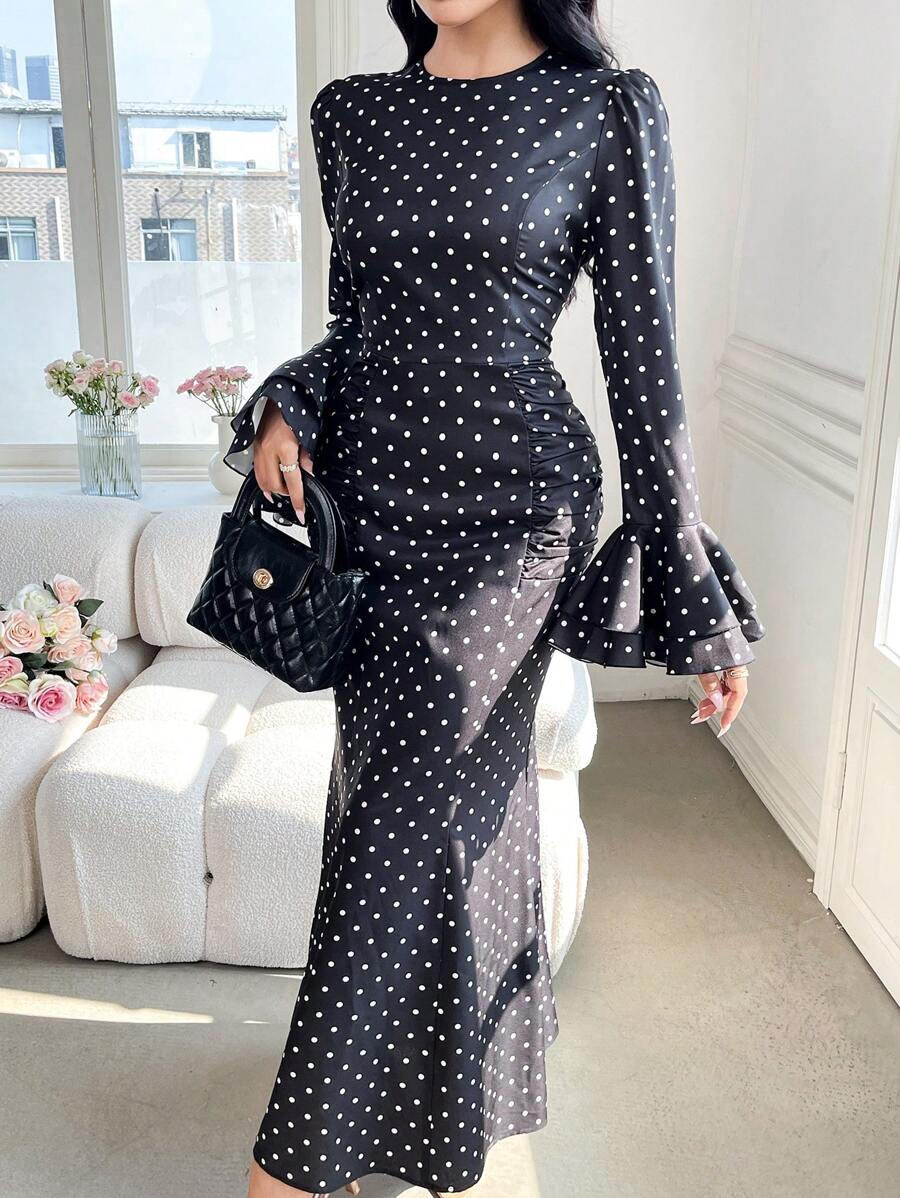 Modelyn Vestito lungo elegante e aderente da donna con maniche a sbuffo e stampa a pois