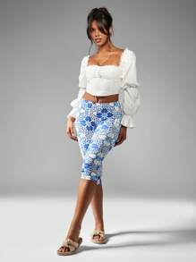 MISSGUIDED Mediterranean Tile Print Capri Leggings High Waist Compression Workout Summer Beach Vacation Resort Wear Cropped Athletic Pants Moisture Wicking Performance