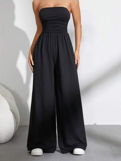 SHEIN PETITE 女士休闲褶皱宽松直筒裤，露肩黑色连体裤，适合春夏季