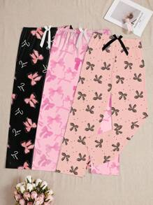 SHEIN 3pcs Set Women Bow Print Lounge Pants, Fall Winter Clothes