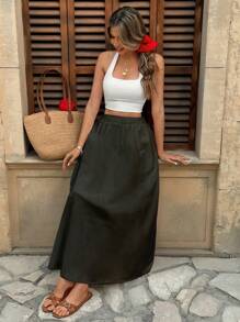 Pariaura Elastic Waist High Waisted Solid Color Versatile Slimming A-Line Long Skirt Fall Cloth For Women