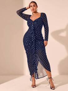 SHEIN BAE Plus Size Autumn And Winter Polka Dot Print Elegant Ruffle Long Sleeve Dress Suitable For Dating, Party, Afternoon Tea - Navy Blue - View 3