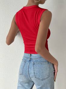 SHEIN Privé 夏季休闲纯色褶饰贴身吊带背心 - 紅色 - 查看 2