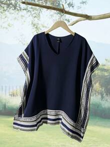 Rusticease Women's Summer Spliced ​​Web V-Neck Loose Shirt