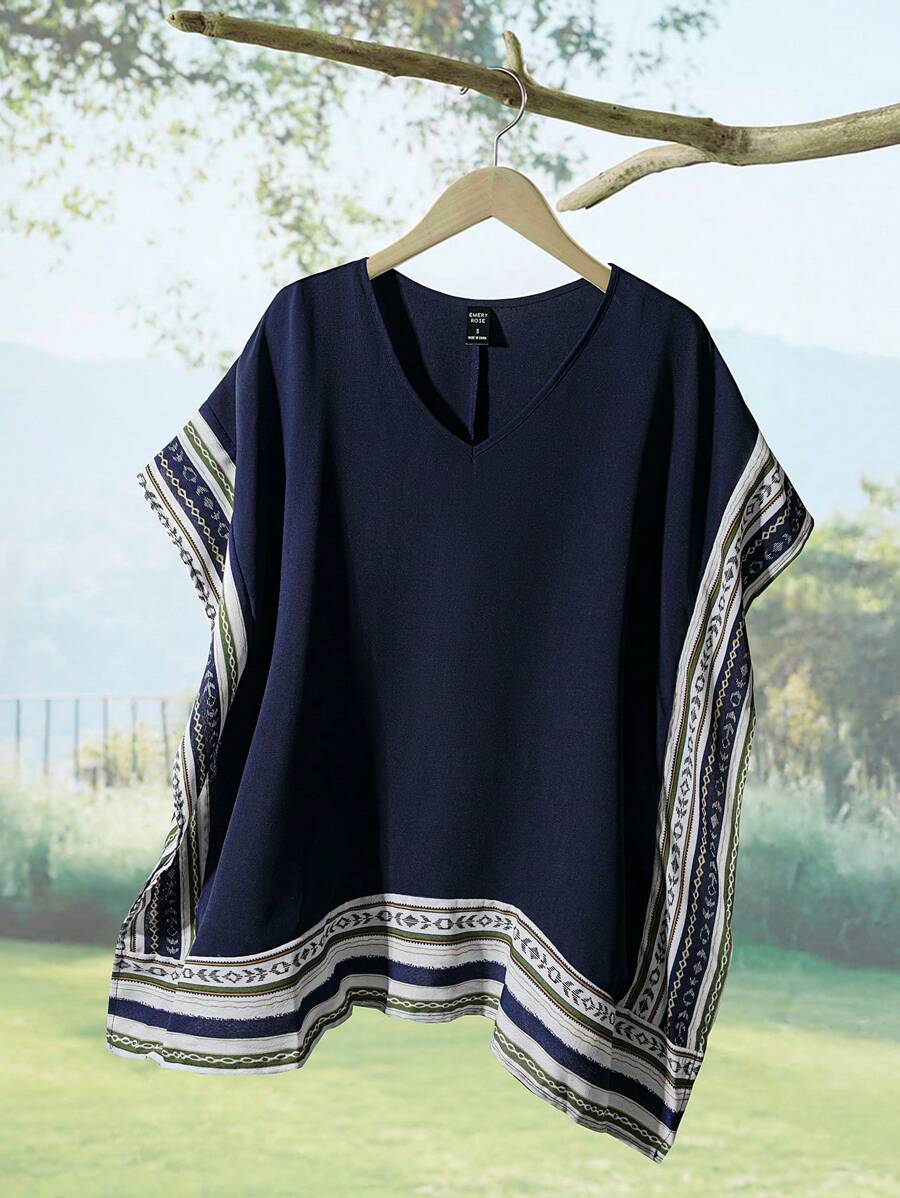 Rusticease Women's Summer Spliced ​​Web V-Neck Loose Shirt