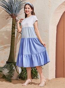 SHEIN 青少年（女）拼色拼接休闲度假连衣裙，适合休闲度假、聚会场合