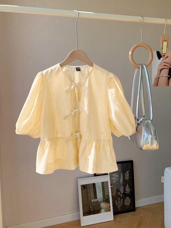 Comfortcana Cămașă babydoll casual cu dungi galbene pentru femei
