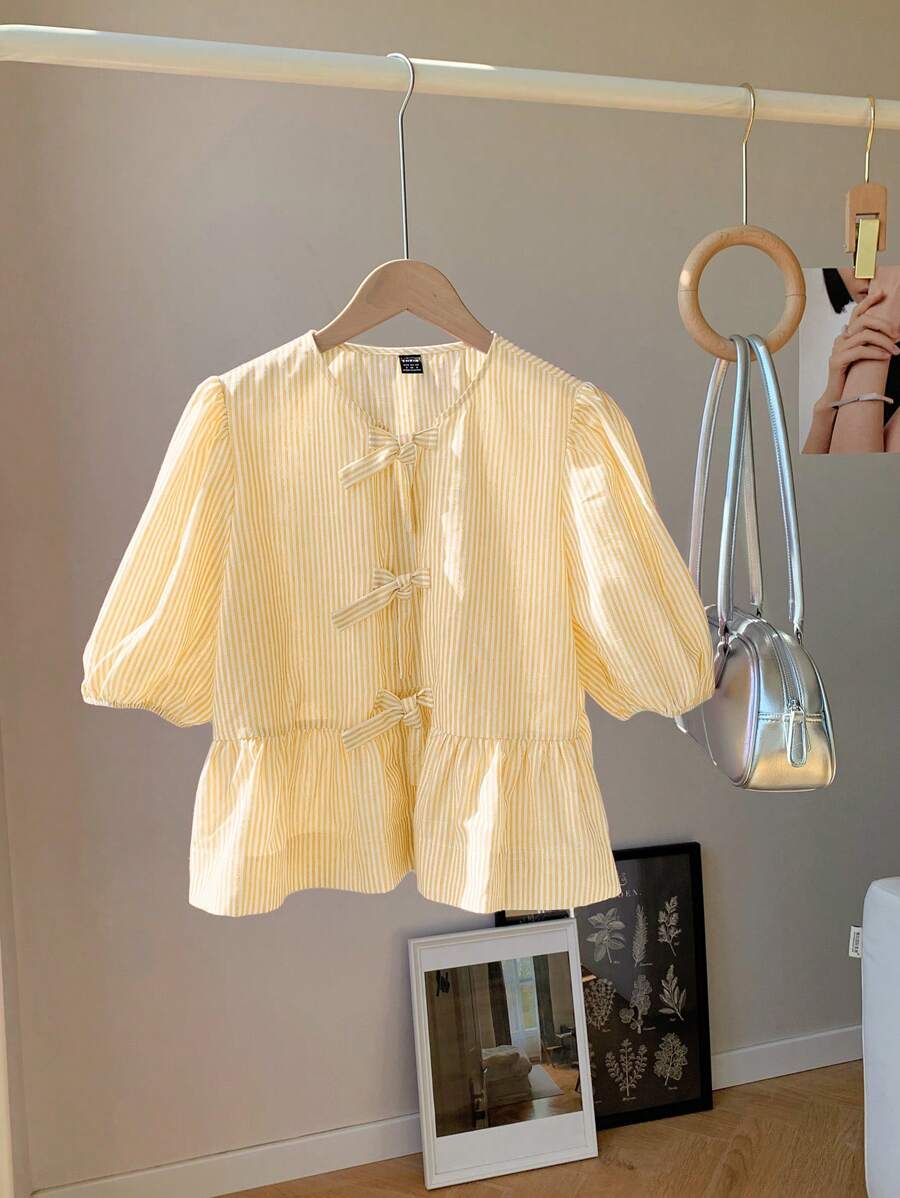 Comfortcana Women's Casual Yellow Striped Tie-Up Babydoll Shirt,Butter Yellow
