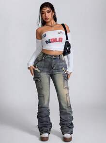 SHEIN ICON Plus Size Women Distressed Cargo Pocket Flare Leg Casual Jeans