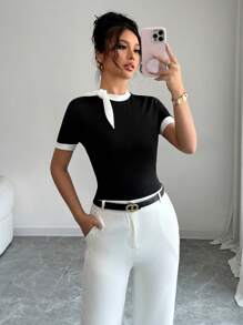 Elenzga Conjunto de punto de verano con cuello redondo trenzado, manga corta, casual - Negro - Ver 5