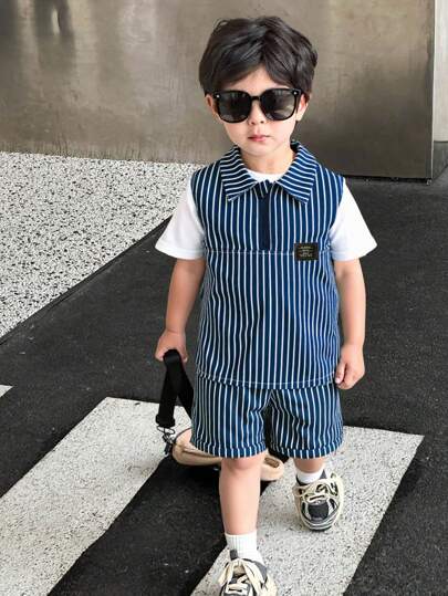 SHEIN Genkimix Kids 两件套男童休闲条纹半拉链领背心和短裤套装，适合户外、旅行、度假、夏季日光浴