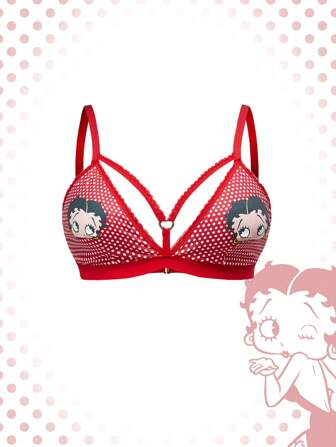 Betty Boop | ROMWE Reggiseno taglie forti da donna in pizzo, con fantasie a pois e motivi a cartoni animati, senza ferretto