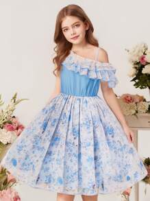 SHEIN Tween Girls' Elegant Rose Floral Print Sleeveless High Waist Ruffled Chiffon Mini Dress, Blue, Suitable For Flower Girl Wedding - Blue - View 1