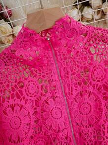 Franclia 女士秋季花卉蕾丝镂空拉链前长袖衬衫女士衬衫 - 玫紅色 - 查看 4