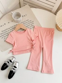SHEIN Baby Girl Cute Casual Knit Pink Short Sleeve Top And Flare Long Pants 2 Pieces Set - Pink - View 1