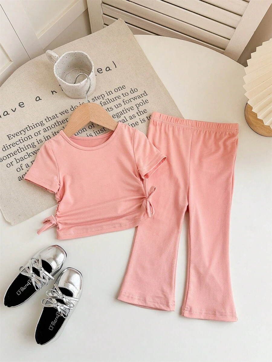 SHEIN Baby Girl Cute Casual Knit Pink Short Sleeve Top And Flare Long Pants 2 Pieces Set - Pink - View 1