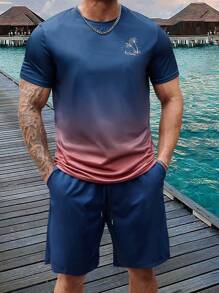 ResortEase Plus Size Men's Gradient Coconut Tree Printed T-Shirt And Shorts Set, Vacation