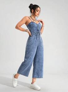 Jeanoix 女式前抽绳阔腿休闲牛仔连身裤 - 中等水洗藍 - 查看 6