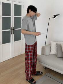 DAZY Grey T-Shirt Set With Men's Plaid Home Wear, Spring/Summer Pajama - Multicolor - View 3