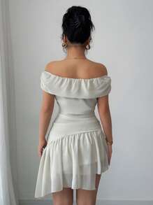 SHEIN Unity Off-Shoulder Ruched Waist Flowy Chiffon Dress, Slimming - Apricot - View 2