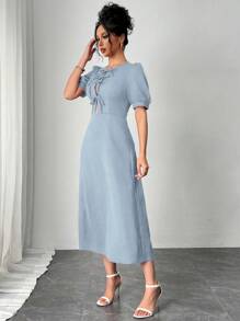 SHEIN Unity Vestido elegante francés para mujer color borgoña con mangas abullonadas y cintura atada - Celeste - Ver 6