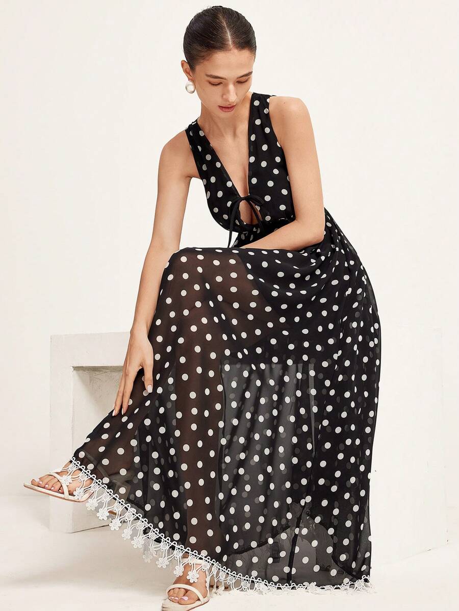 Chiquease Vestido longo de verão romântico francês com bolinhas e amarração na cintura com acabamento em renda para mulheres, estilo elegante e moderno - Preto e Branco - Ver 1