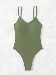 Swim SXY 1pc Women's Solid Color Backless Spaghetti Strap One-Piece Swimsuit For Vacation For Summer - Army Green - View 7